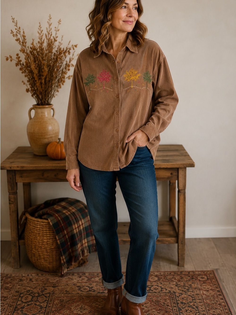 Vtg Decorated Originals Embroidered Autumn Tree Corduroy Shirt XL Cottagecore